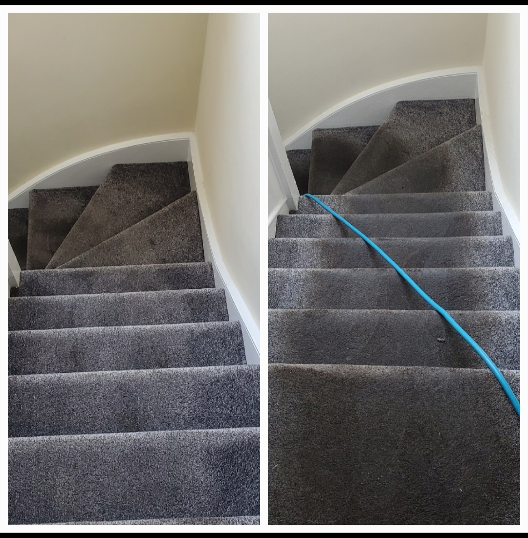 A staircase carpet shown before and after a professional truck-mount clean